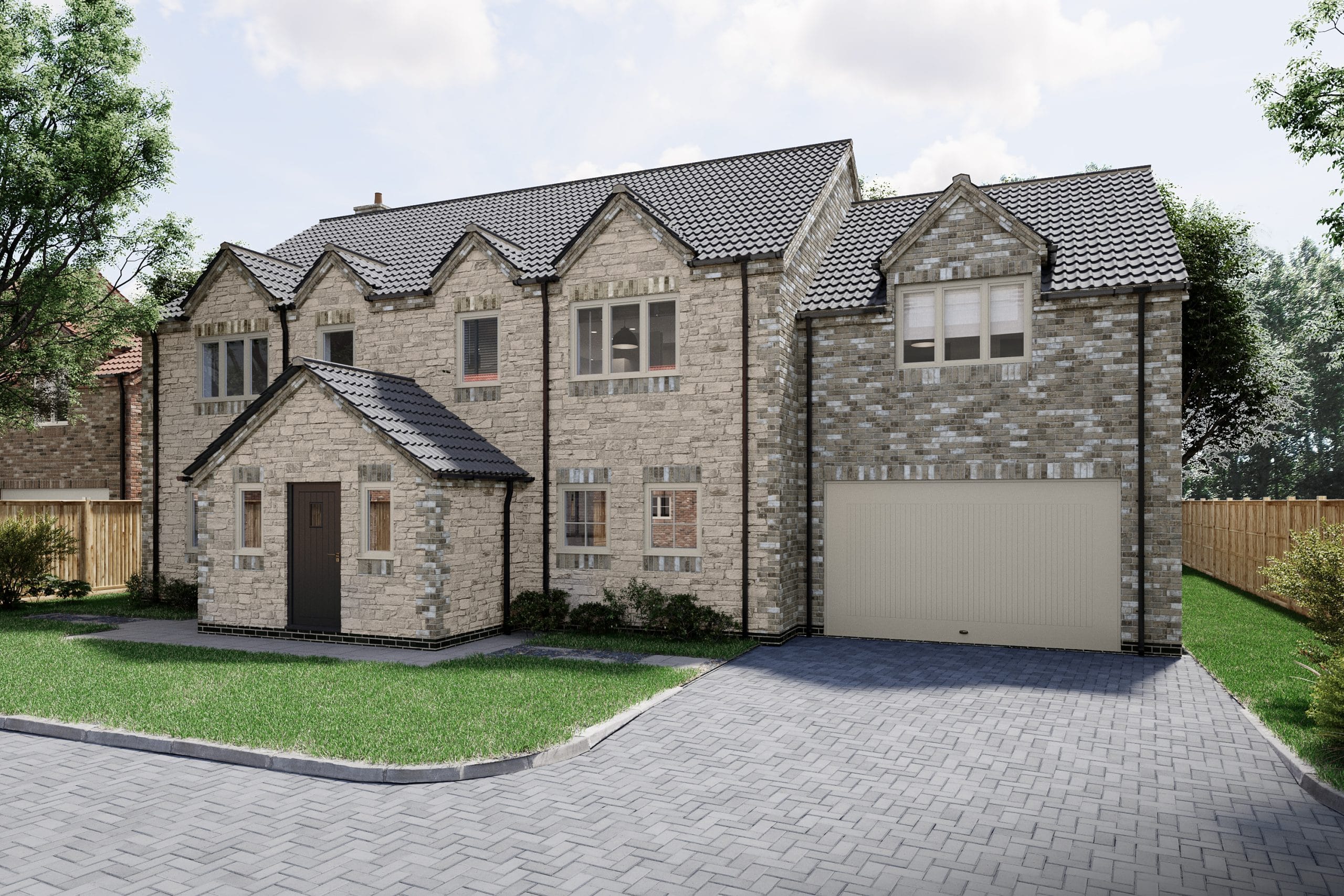 A front exterior architectural rendering of a large, two-story detached house featuring light grey stone-effect brickwork and a dark grey tiled roof with multiple gables. The property includes a large stone-built porch with a dark front door, an integrated cream double garage with a room above it, and a block-paved driveway.