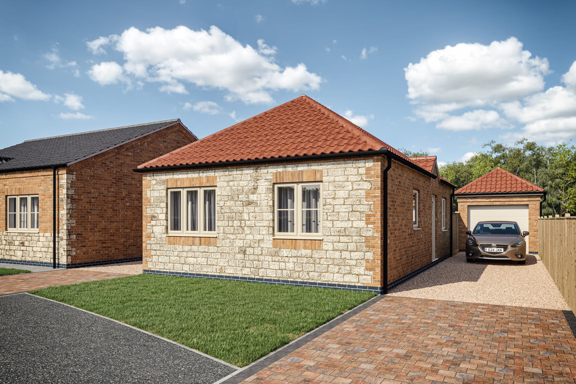 Navenby - A front-facing view of a modern bungalow with a gabled red tile roof.