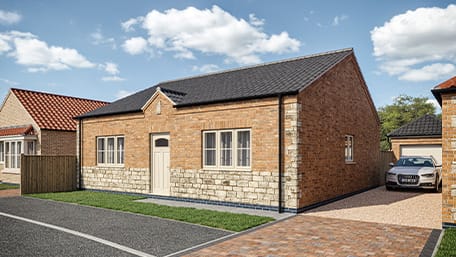 Helsey - A front-facing view of a modern brick bungalow with a grey tiled roof and stone detailing on the lower half, featuring three windows and a central front door, with a silver car parked in the driveway leading to a separate garage.