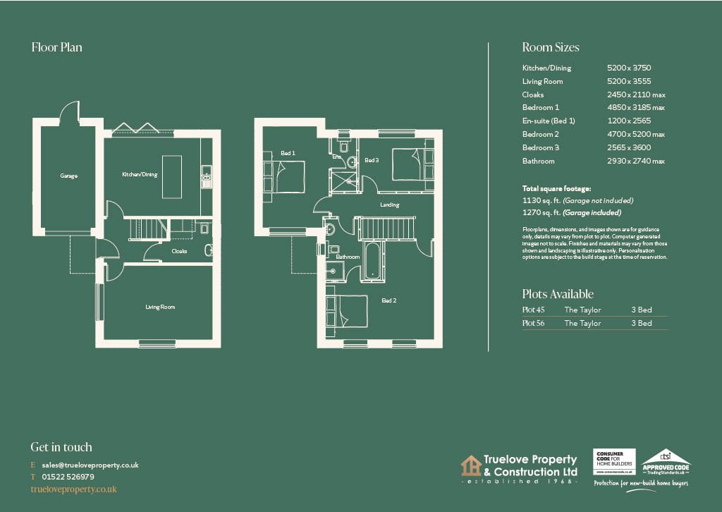A dark green floor plan document displays detailed room layouts for a two-story home, including a ground floor with a garage and living area, and a first floor with three bedrooms. The right side of the image provides a list of room sizes, total square footage, and specific available plots for the 